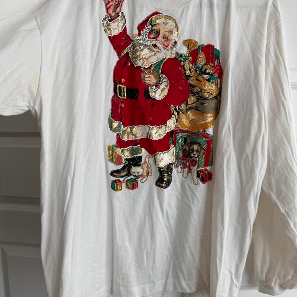 Vintage White Christmas Santa long sleeve shirt with graphic of Santa Claus with
